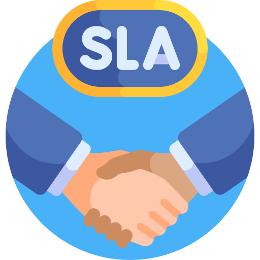 Handshake within a blue circle with a yellow-framed SLA badge, representing a service-level agreement.