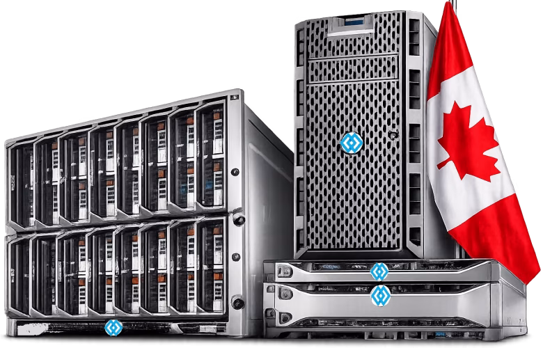 Rack-mounted servers and storage arrays with a Canadian flag, indicating Canadian data infrastructure.