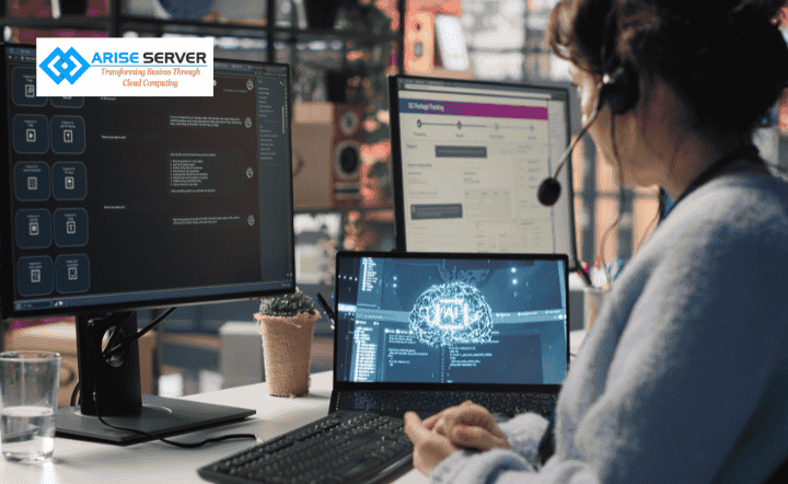 IT technician with headset at a multi-monitor desk in a data-center setting; ARISE SERVER logo visible in the corner.