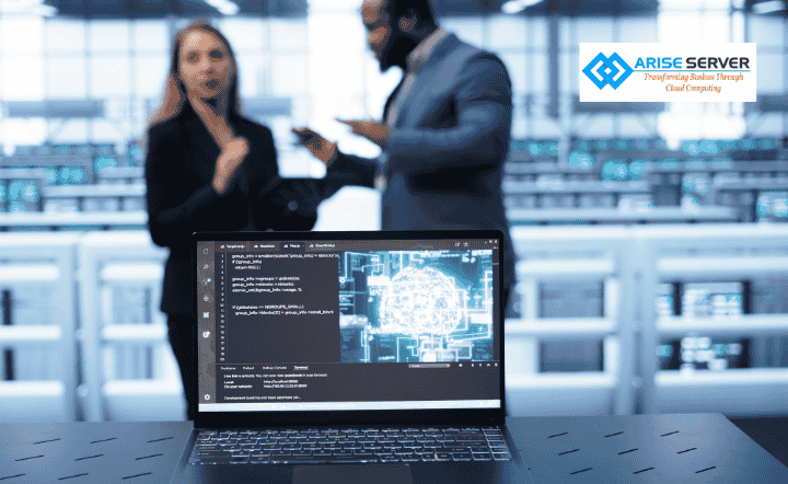 Laptop on a desk showing code and a glowing globe on screen; two professionals converse in a blurred data-center setting, ARISE SERVER logo in the top-right corner.
