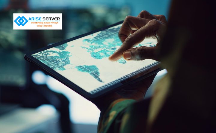 Person using a tablet to interact with a glowing world map; Arise Server logo in the top-left corner.