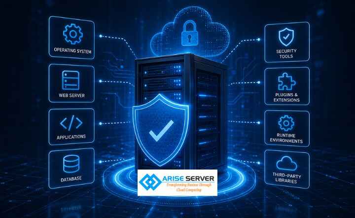 Secure data server with a blue shield and checkmark, surrounded by labels for OS, Web Server, Applications and Database, illustrating protection.