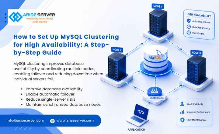 Banner describing MySQL clustering for high availability with three server nodes connected to a central router and a laptop icon, highlighting benefits like automatic failover and data redundancy.