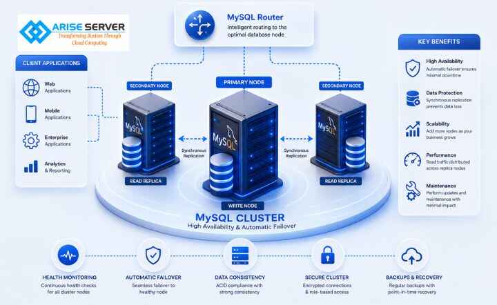 MySQL cluster diagram with a write node and read replicas showing high-availability architecture for ARISE SERVER.