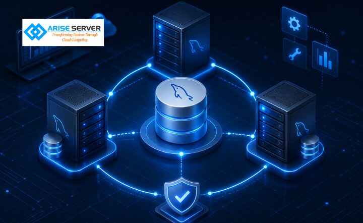 Blue isometric illustration of a secure cloud data network with three connected server racks and a central database.