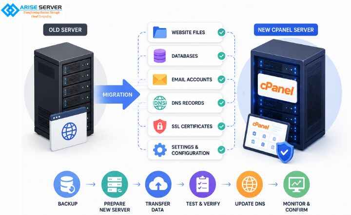 Migration from an old server to a new cPanel server, with a checklist of items (website files, databases, email accounts, DNS records, SSL certificates, settings) being transferred.