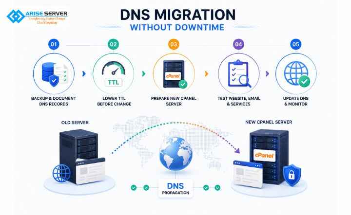 DNS migration without downtime infographic showing five steps from backing up DNS records to updating DNS and propagating to the new server.