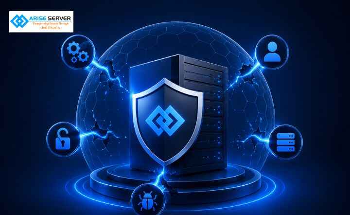 Blue glowing server with a shield emblem, surrounded by cybersecurity icons and the Arise Server logo (security/hosting themed).